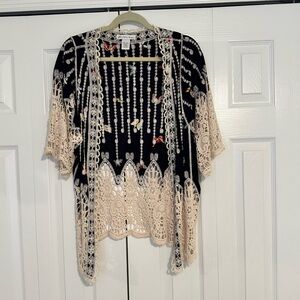 London Kaye Bohemian Butterfly Print Kimono with Cream Lace accents. One Size